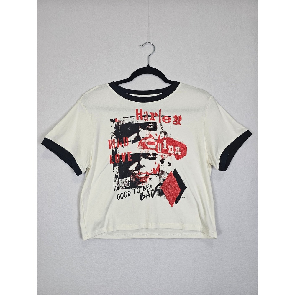 [Comiccore] Harley Quinn Ringer Graphic Tee Women XXL Cream Red Good To Be Bad